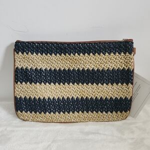 Thirty One Rubie Mini Jewell Straw Navy Blue Tan Stripes Pouch Bag Clutch NWT